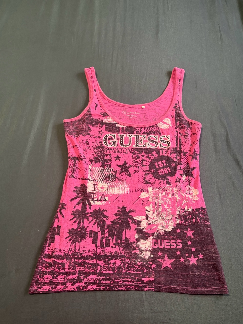 Vintage 2000s Pink Guess tank top with black and white graphic. Size L.